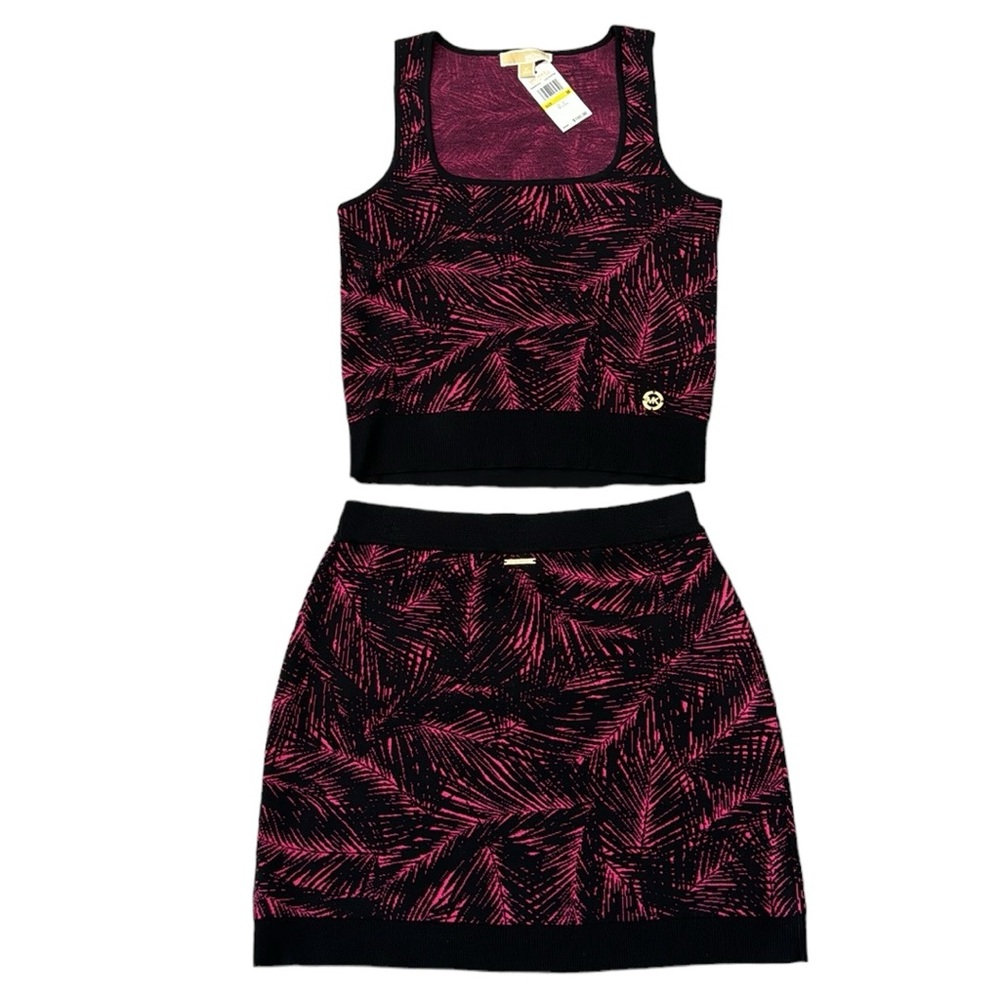 Two Piece Sweater Skirt Tank Set Michael Kors Medium Tropical Palm Pink Black